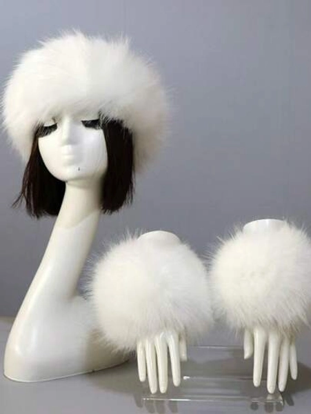 2pcs Set Solid Color Acrylic Fuzzy Beanie Hat And Cuffs, Fluffy Trim, Warm For Autumn Winter Christmas Winter Accessories Winter Outfits