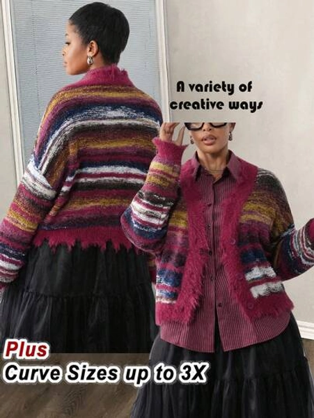 Slaydiva Veslaya 2025 PreppyStyle New V-Neck Burgundy Striped Color Block Distressed Long Sleeve Cardigan Sweater, Suitable For Autumn/Winter, Basic, Casual, Party, Street, Music Festival, Airport Outfit CaramelCore Plus Size Cardigans Plus Size Sweaters Plus Cardigan Shrug Plus Size Jackets Plus Size