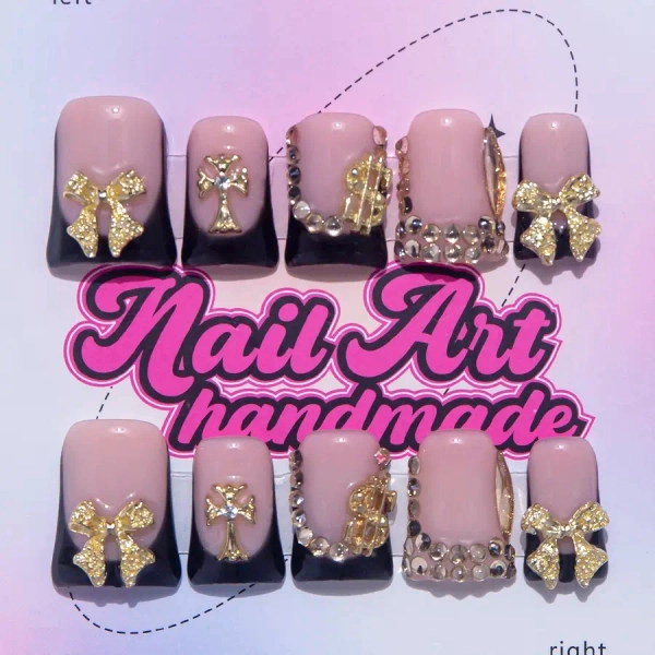 Delicatething Y2K Style Nail Set, Acrylic Nails, Nail Art Diy, Nail Art Supplies, Nail Art Products, Handmade Press On Duckbill Shape Nails, Bow, French Design, Perfect Gift for Women