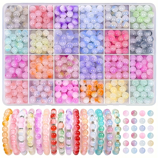 240pcs 24-Color Glass Beads Jewelry Making Kit, Round Party-Style Beads for DIY Bracelets, Beading Starter Crafts Gift