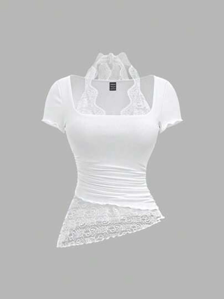 SHEIN MOD Women's Knit Patchwork Lace Asymmetrical Hem Ruffle Trim Halter Tie Waist T-Shirt