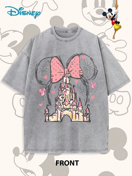 2026 Disney's Latest Style Authorization! Pink Mickey And Castle Silhouette Pattern Cotton Washed T-Shirt, IP Collection | Fashion Wear | Disney Fans | Gifts | Clean Girl Aesthetic