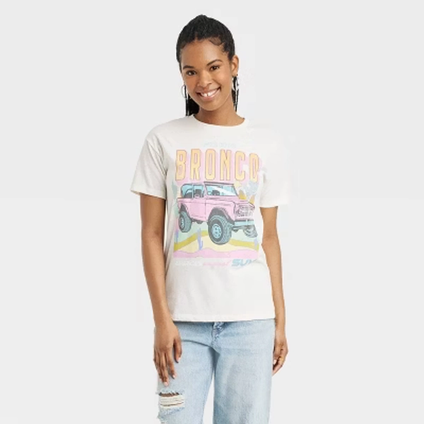 Women's Ford Bronco Short Sleeve Graphic T-Shirt - Off-White S: Relaxed Fit, Crew Neck, Lightweight Jersey