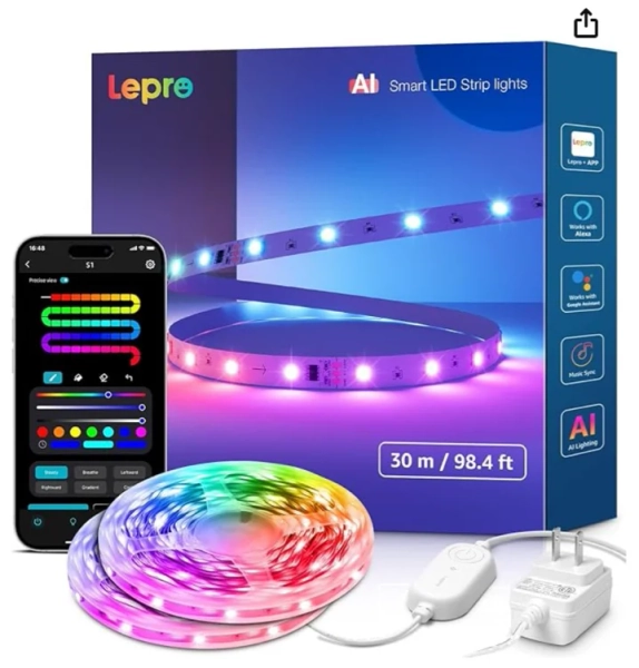Amazon.com: Lepro S1 AI LED Strip Lights for Bedroom - 32.8ft Smart RGB Light Strips with IC and Rainbow Chasing Effects, Color Segment DIY, Personalized Al Lighting Designer, No Remote, 2.4G Wi-Fi & Bluetooth : Tools & Home Improvement