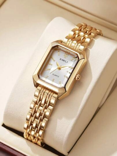 1pc Women's Elegant Stainless Steel Strap Square Dial Classic Luxury Quartz Wrist Watch, (Without Watch Box)