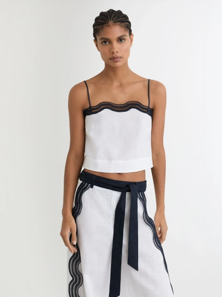 Reiss Ivory/Navy Felicity Linen Scallop-Trim Cami Top