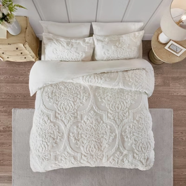 Eugenia Full/Queen 3pc Tufted Chenille Duvet Cover Set White: Madison Park, Lightweight Cotton, Damask Pattern, Traditional Style