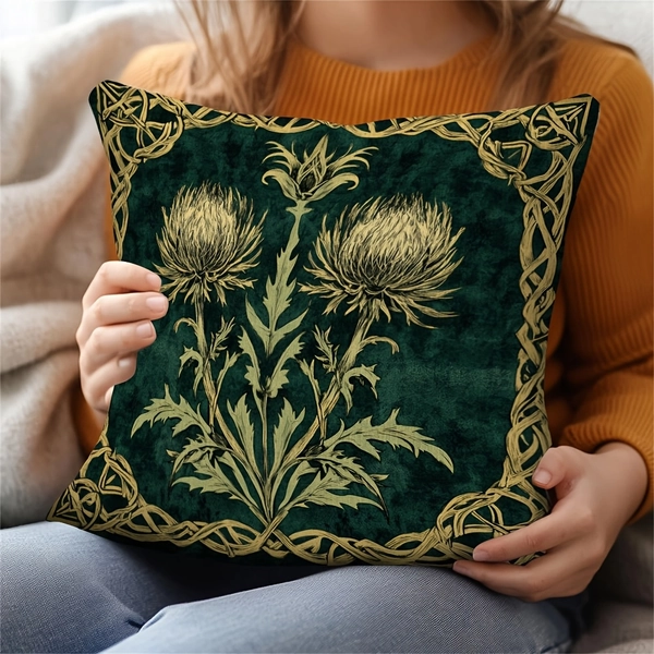 [Vintage Thistle Pillow Cover] 1pc Vintage Thistle Flower Pillow Cover, 18x18 Inch, Double-Sided 100% Polyester, Dark Green with Golden Floral Embroidery, Machine Washable, Invisible Zipper, Decorative for Sofa, Couch, Bedroom - No Insert