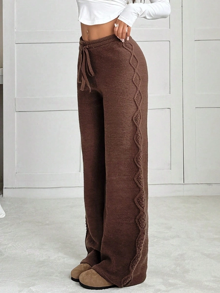 Women's Solid Color Waist Tie Chunky Knit Sweater And Wide Leg Pants Set