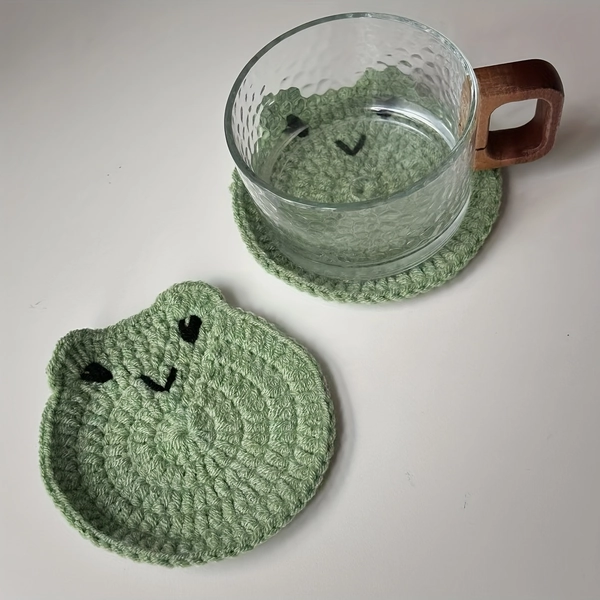 Two Handmade Crochet Coasters for Tea, Coffee, And Wine Cups Featuring a Green Frog Design, Perfect As a Decorative Item for Your Table Or As a Gift