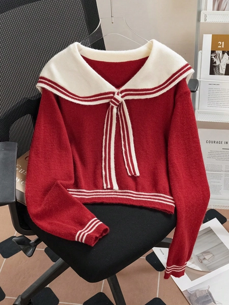 SHEIN Unity Preppy Style Cute Sailor Collar Women Short Pullover Sweater, Knit Pullover Fall Winter