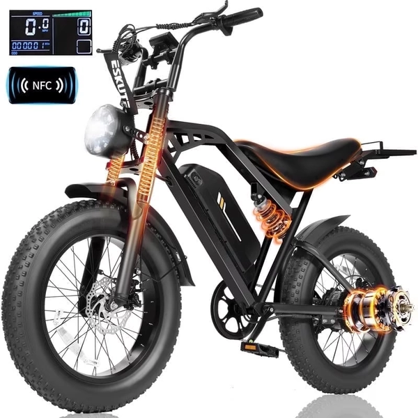 ESKUTE V200 Electric Bike for Adults, Dirt E-Bike 20MPH 52V20.8Ah Battery 80 Miles,20"x4.0 Fat Tire, NFC Unlock, 7-Speed Dual Suspension, Black with Rear Rack & Footrests, UL2849 - Walmart.com
