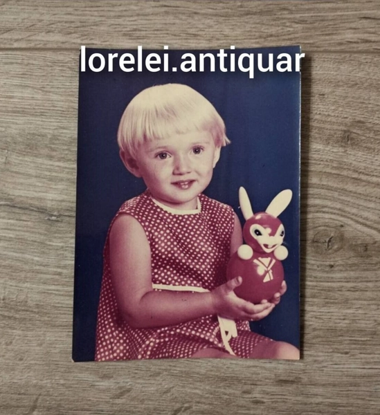 Vintage Real Photo Child Girl in Red Dress with Toy Roly-Poly Doll USSR 1982