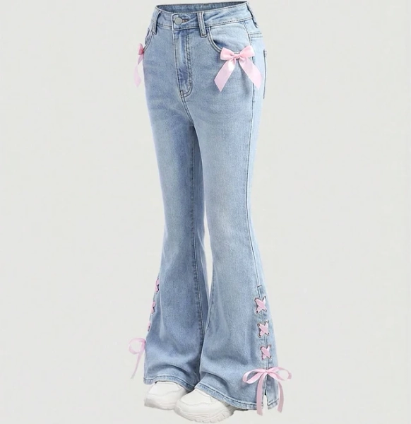 SHEIN Tween Girls Flare Leg Jeans with Belt Loops and Bow Decor