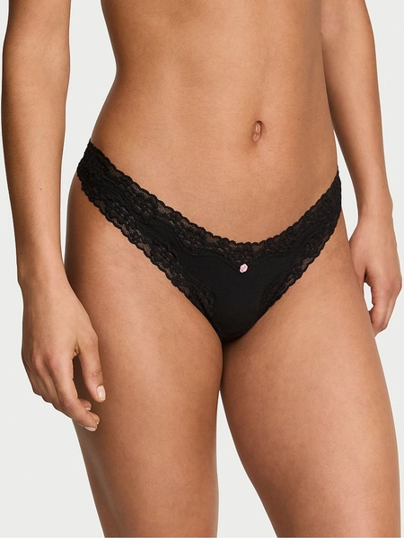 Black Thong Cotton Lace Waist Knickers - Size X-Small