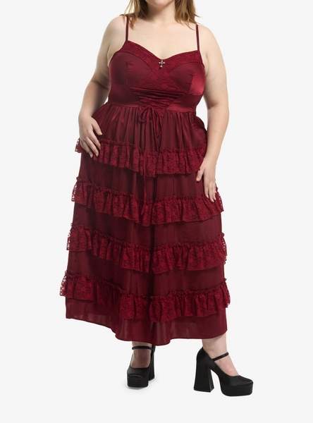 Cosmic Aura Corset Cross Charm Ruffle Maxi Dress Plus Size