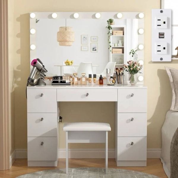 Greyden Makeup Vanity with Lights, 7 Large Drawers and Outlets Latitude Run