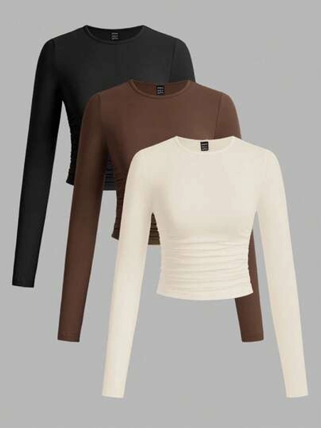 SHEIN EZwear 3pcs/Set Women's Casual Solid Color Crew Neck Ruched Long Sleeve T-Shirts, Autumn/Winter