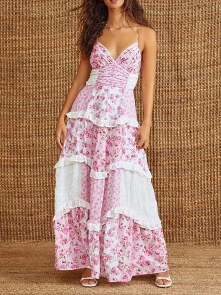 Summer Dresses For Women Boho Y2K Floral Maxi Dress Cute Lace Patchwork Ruffle Flowy Long Dress Sexy Spaghetti Strap Deep V Neck Backless Dresses Low Cut Beach Vacation Sundress