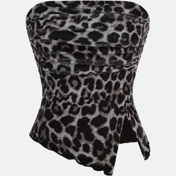 SHEIN Teen Girl Leopard Print Knit Mesh Hem Slit Tube Top
