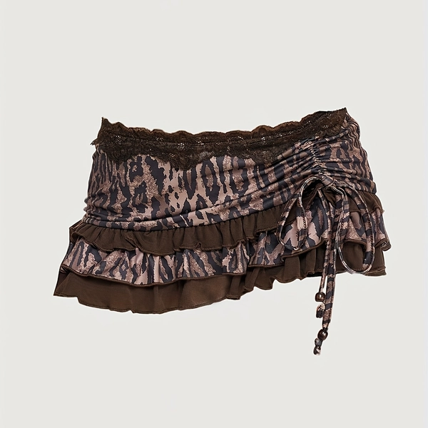 Women's Retro Leopard Print Skirt, Ruffled Hem with Drawstring Waist, Sexy Layered Ruffled Hem & Bow Accent, BrownRed/, All-Season, Machine Washable, For Casual & Formal Outfits, Cute Skirts, Party Attire, Vintage Style, Fashion Lovers