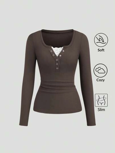 Sweetra Women's Solid Color Long Sleeve T-Shirt With Lace Trim And Eyelet Decoration, Semi-Open Cuff, Autumn