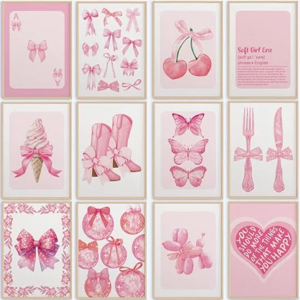 Trendy Pink Bows Set Of 12 Wall Art Preppy Coquette Room Decor Bow Prints Blush Pastel Light Watercolor Aesthetic Girls Dorm College Poster