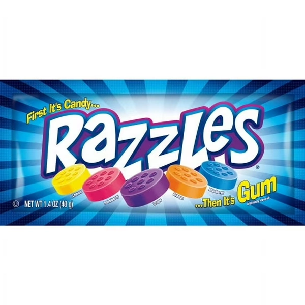 Razzles Classic Candy Gum 1.4 oz Pouch. Peanut Free and Gluten Free. Soy May Be Present.