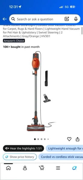 Amazon.com - Shark Rocket Ultra-Light | Corded Stick Vacuum Cleaner for Carpet, Rugs & Hard Floors | Lightweight Hand Vacuum for Pet Hair & Upholstery | Swivel Steering | 2 Attachments | Gray/Orange | HV301 - Household Stick Vacuums