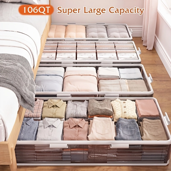 Foldable Under-Bed Storage Box with Wheels, Large-Capacity Wardrobe Organizer and Storage Bin with Plastic Lid, for Storing Clothes, Bedding, Blankets, Towels, Quilts, Sweaters, Pillows, Sheets, Wrapping Paper