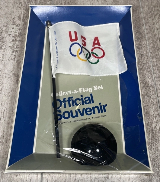 Vintage USA Olympics Collect a Flag Set W/ Stand 4”x6” Souvenir Collectible NOS