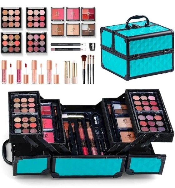 All in one Makeup Kit For Girls Teens, Makeup Set 4 Trays Spacious Space Train Case for Beginner with Eyeshadow Highlighter Lipgloss Blush Contour