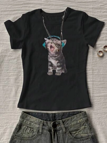 INAWLY Women's Cat Print Regular Fit Round Neck Short Sleeve T-Shirt