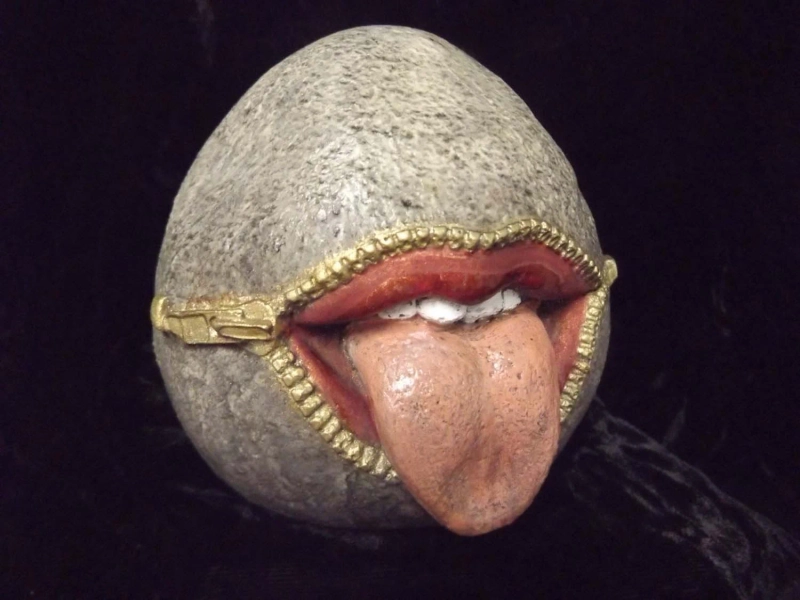 Garden Decor Zippered Tongue Rock Statue Unusual Odd Weird Strange Funny Whimsical Patio Garden Art Gothic Fantasy Home
