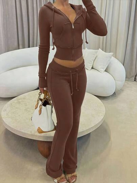 INAWLY Solva Damen Kapuzen-Reißverschluss Langarm-Top und Hose mit Tunnelzug Taille Set - Größe L