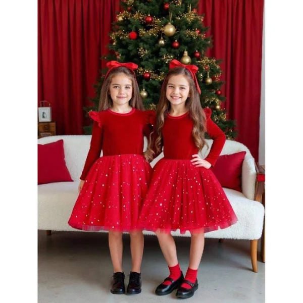 Glamorique Kids Young Girls', Elegant, Princess Style Star Mesh Patchwork Dress, Suitable Autumn Christmas Dress Girls Red Christmas Dress Red Dress
