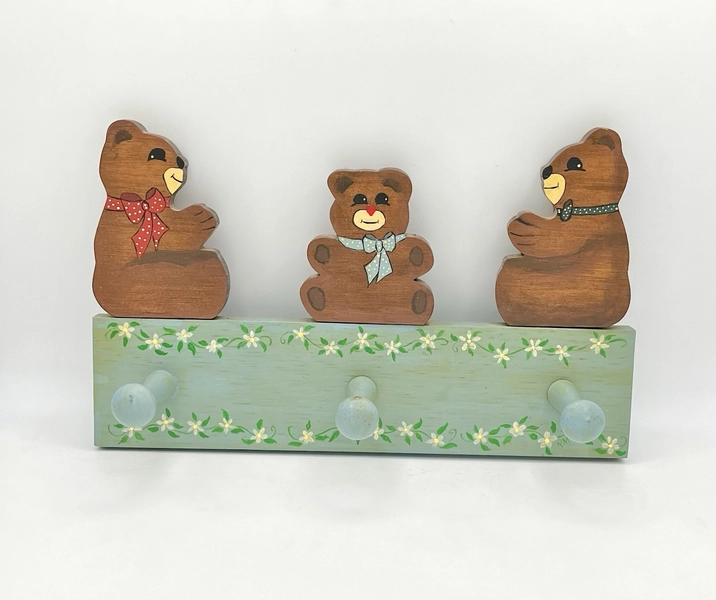 Vintage Teddy Bear Wooden Wall Coat Rack Nursery Peg Hand Painted Cottage Baby