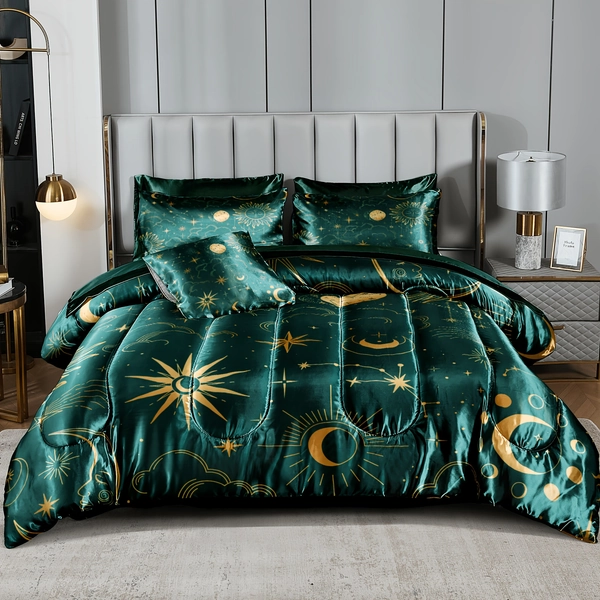 Sun And Moon Comforter Set Blue Green Satin Bedding King Stars Cloud Galaxy Comforter Mysterious Celestial Theme Like Y Bed In A Bag with Comforter And Sheets
