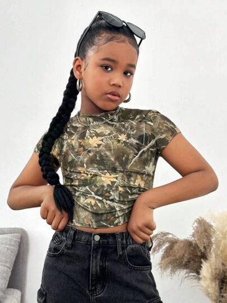 SHEIN Tween Girl Vintage Retro Withered Branch Camouflage Print Cropped Tight Tee, Casual Camo, Fashionable Streetwear