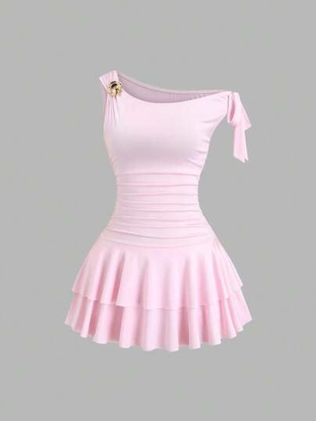 Sweetra Women's Summer Minimalist Metal Decor Asymmetric Shoulder Ruffle Hem Dress