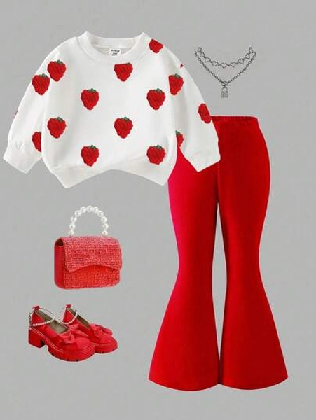 SHEIN 2pcs/Set Young Girls Casual Fashionable Sweet Cute Strawberry Print White Crew Neck Sweatshirt And Red Flared Pants Set, Autumn/Winter Girls Sweatshirt And Trousers Two Pieces Casual Outfit Fall