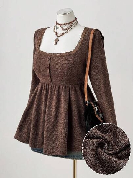Sunspun Plus Size Autumn/Winter Square Collar Long Sleeve High Stretch Ruffle Button Peplum Casual Faux Fur Sweater, Coffee Brown, Vintage Elegant For Dates And Gatherings