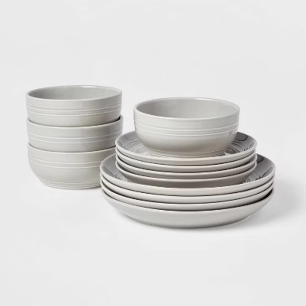 12pc Stoneware Westfield Dinnerware Set Gray - Threshold™: Solid Dish Set, Microwave & Dishwasher Safe, Service for 4