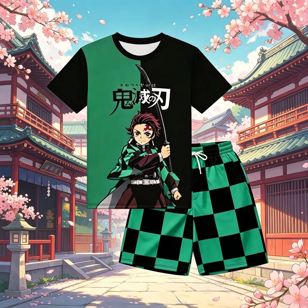 Anime Demon Slayer Tanjiro Printed Short Sleeve T Shirt And Shorts Pajama Set Unisex  Kids And Adults Daily Home Sleepwear Suit