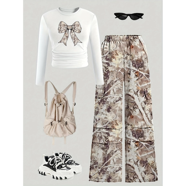 Set of 2 Camouflage Pants for Girls with Bowknot Design And Long Sleeve Top, Autumn And Winter Flared Pants Outfit, for Outdoor