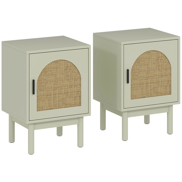 HOMCOM Conjunto de 2 Mesas de Cabeceira Mesa de Noite com Porta em Resina Trançada Prateleira Ajustável 40x35x58 cm Verde Claro