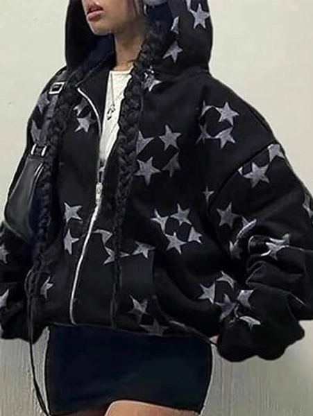 INAWLY Star Print Hooded Sweatshirt For Casual Wear, Autumn/Winter,Long Sleeve Tops Pullover Fall Outfit