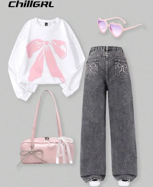 SHEIN Teen Girl Bow Print Hoodie Sweatshirt and Pants Suit
