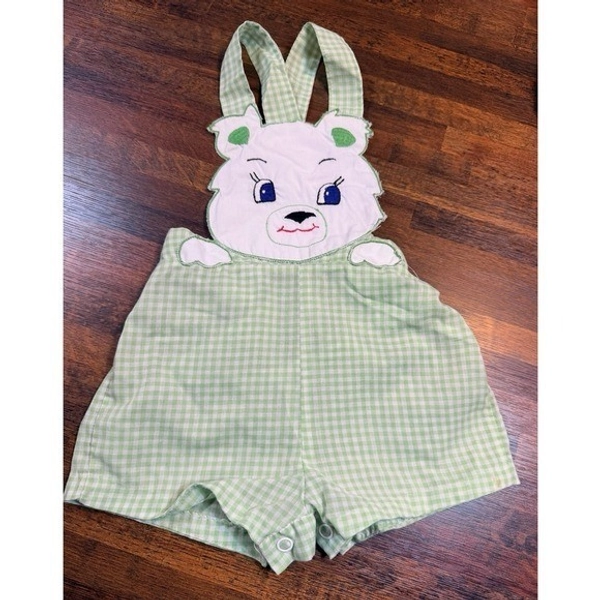 Vintage 70s 80s green gingham short-all outfit.  Infant size 3 months.