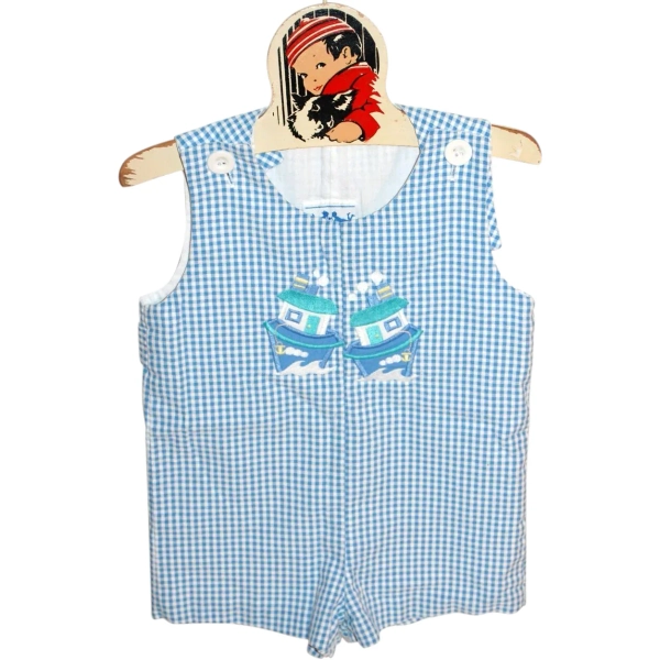 1980s Fast Friends ;Blue Checkered Chug Boat Child or Large Doll Romper